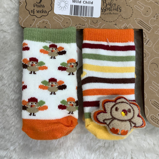 2 Pairs Thanksgiving socks 0-12 months, 1 pair rattle socks